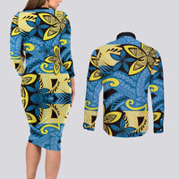 Plumeria Polynesian Pattern Couples Matching Long Sleeve Bodycon Dress and Long Sleeve Button Shirt Unique Fantasy Blue Yellow