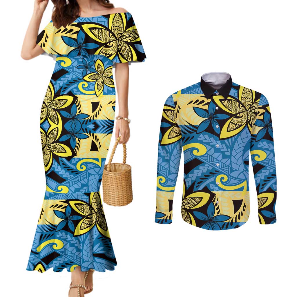 Plumeria Polynesian Pattern Couples Matching Mermaid Dress and Long Sleeve Button Shirt Unique Fantasy Blue Yellow