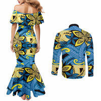 Plumeria Polynesian Pattern Couples Matching Mermaid Dress and Long Sleeve Button Shirt Unique Fantasy Blue Yellow