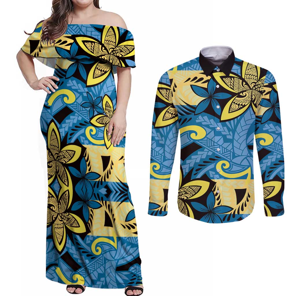 Plumeria Polynesian Pattern Couples Matching Off Shoulder Maxi Dress and Long Sleeve Button Shirt Unique Fantasy Blue Yellow