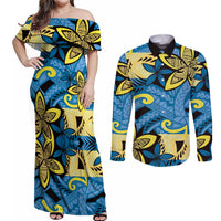 Plumeria Polynesian Pattern Couples Matching Off Shoulder Maxi Dress and Long Sleeve Button Shirt Unique Fantasy Blue Yellow