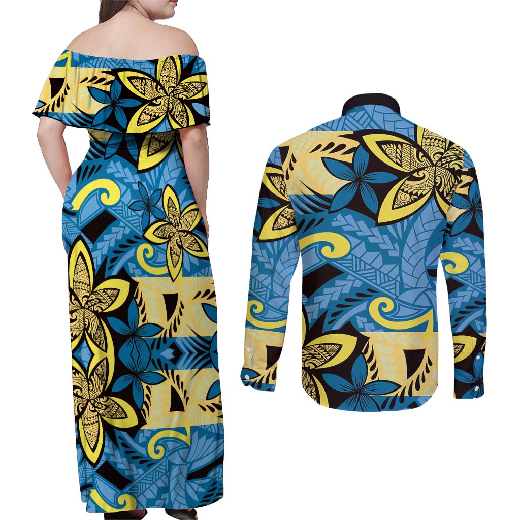 Plumeria Polynesian Pattern Couples Matching Off Shoulder Maxi Dress and Long Sleeve Button Shirt Unique Fantasy Blue Yellow