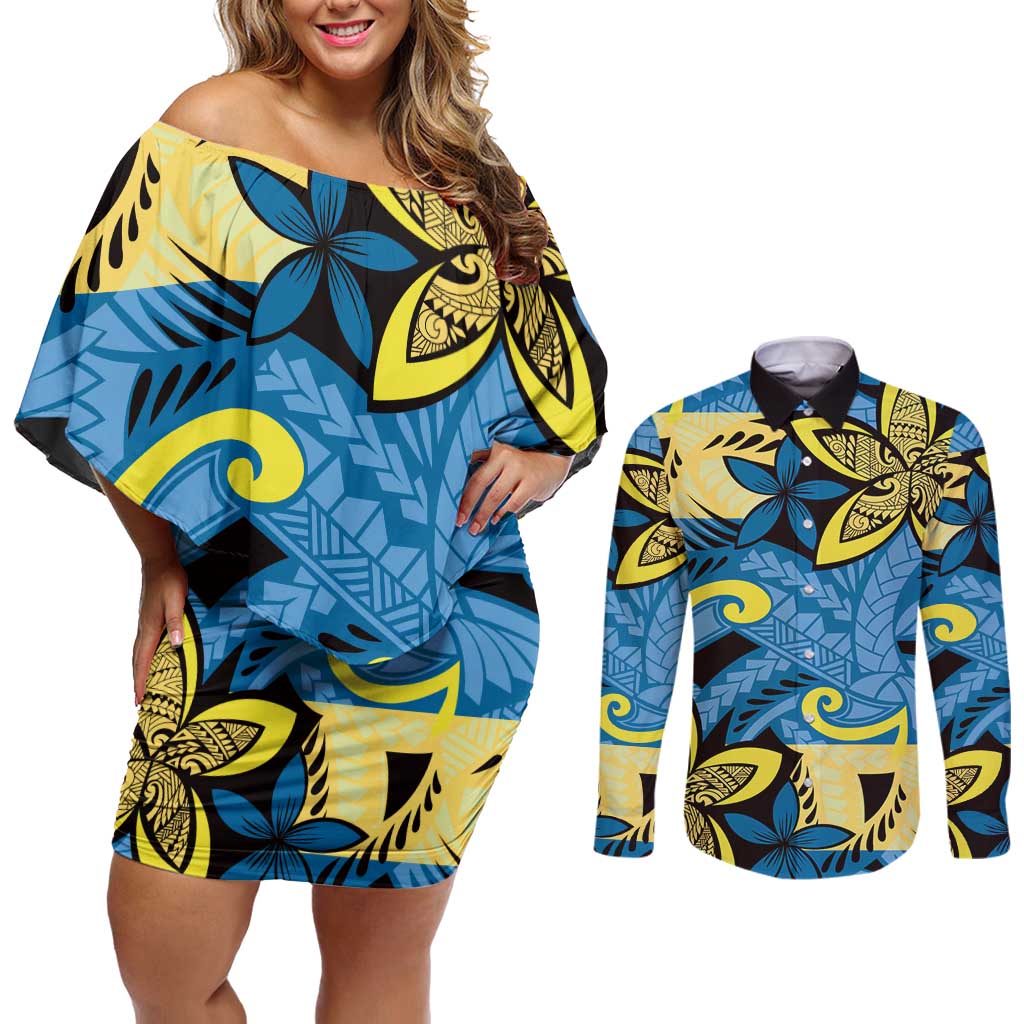 Plumeria Polynesian Pattern Couples Matching Off Shoulder Short Dress and Long Sleeve Button Shirt Unique Fantasy Blue Yellow