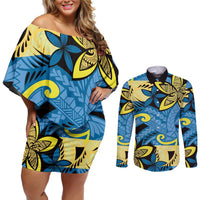 Plumeria Polynesian Pattern Couples Matching Off Shoulder Short Dress and Long Sleeve Button Shirt Unique Fantasy Blue Yellow
