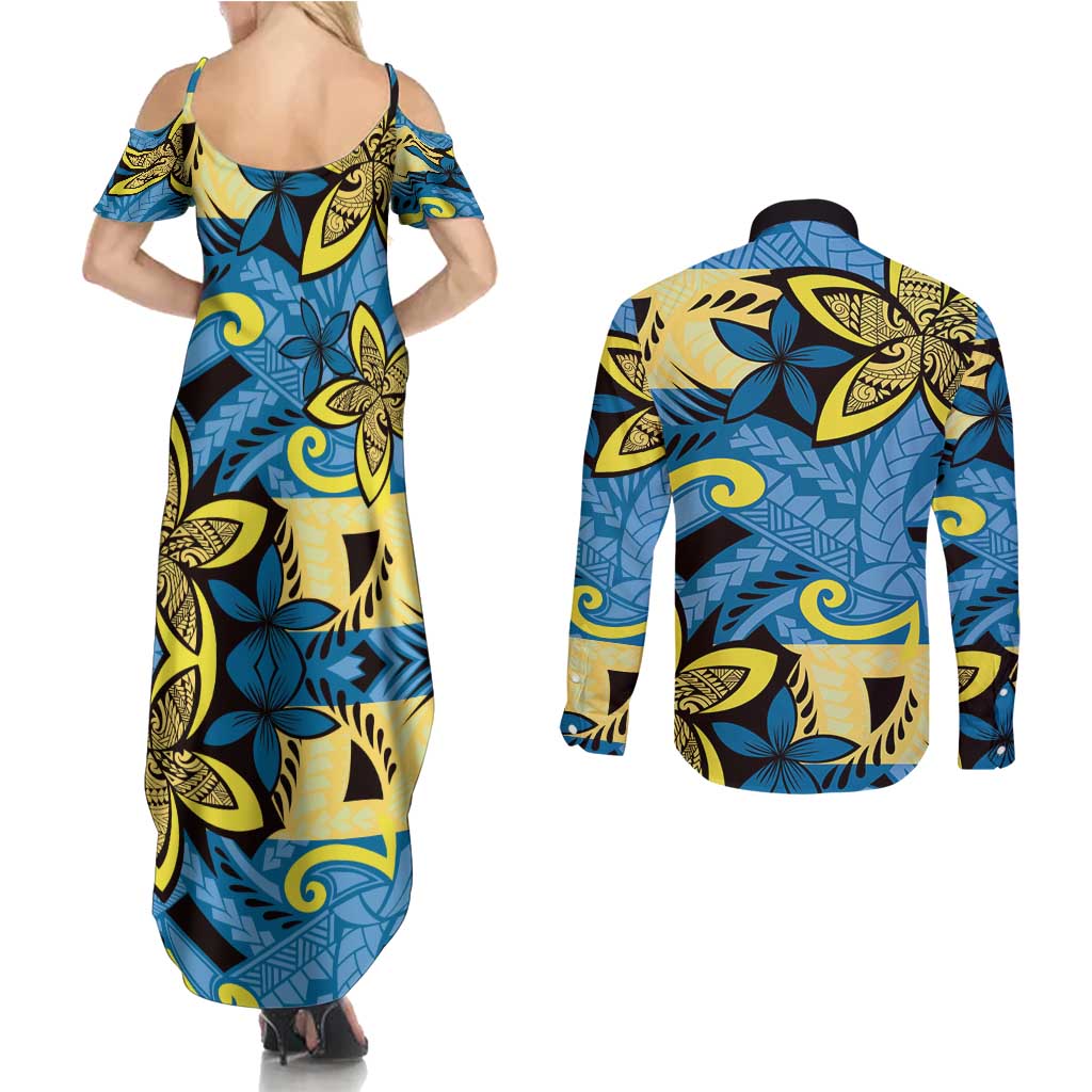 Plumeria Polynesian Pattern Couples Matching Summer Maxi Dress and Long Sleeve Button Shirt Unique Fantasy Blue Yellow