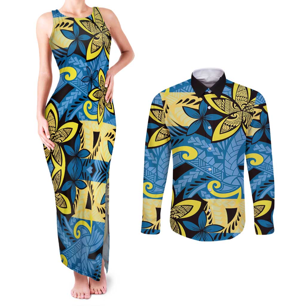 Plumeria Polynesian Pattern Couples Matching Tank Maxi Dress and Long Sleeve Button Shirt Unique Fantasy Blue Yellow