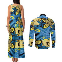 Plumeria Polynesian Pattern Couples Matching Tank Maxi Dress and Long Sleeve Button Shirt Unique Fantasy Blue Yellow