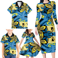 Plumeria Polynesian Pattern Family Matching Long Sleeve Bodycon Dress and Hawaiian Shirt Unique Fantasy Blue Yellow LT01 - Polynesian Pride