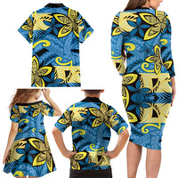 Plumeria Polynesian Pattern Family Matching Long Sleeve Bodycon Dress and Hawaiian Shirt Unique Fantasy Blue Yellow LT01 - Polynesian Pride