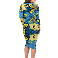 Plumeria Polynesian Pattern Family Matching Long Sleeve Bodycon Dress and Hawaiian Shirt Unique Fantasy Blue Yellow LT01 - Polynesian Pride