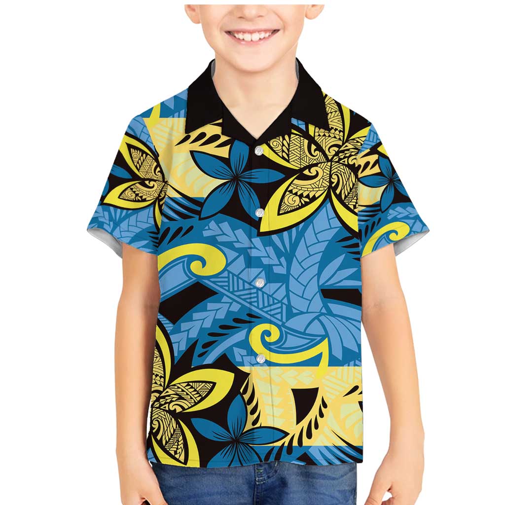 Plumeria Polynesian Pattern Family Matching Mermaid Dress and Hawaiian Shirt Unique Fantasy Blue Yellow LT01 Son's Shirt Blue - Polynesian Pride