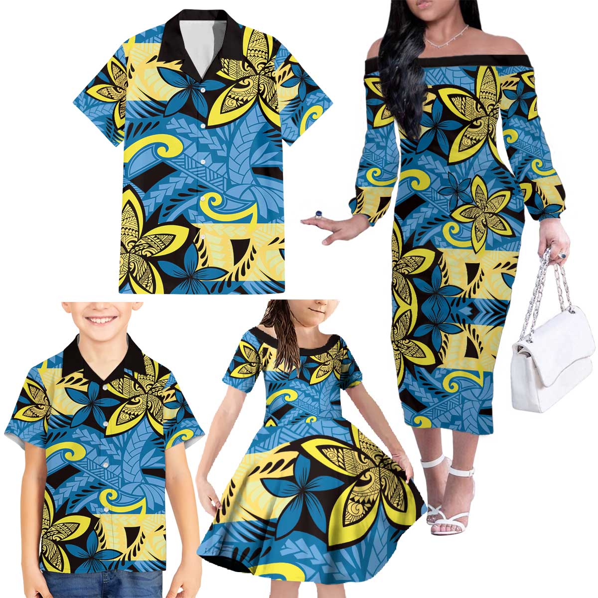 Plumeria Polynesian Pattern Family Matching Off The Shoulder Long Sleeve Dress and Hawaiian Shirt Unique Fantasy Blue Yellow LT01 - Polynesian Pride