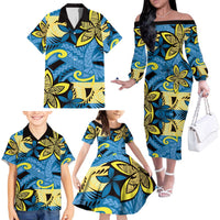 Plumeria Polynesian Pattern Family Matching Off The Shoulder Long Sleeve Dress and Hawaiian Shirt Unique Fantasy Blue Yellow LT01 - Polynesian Pride