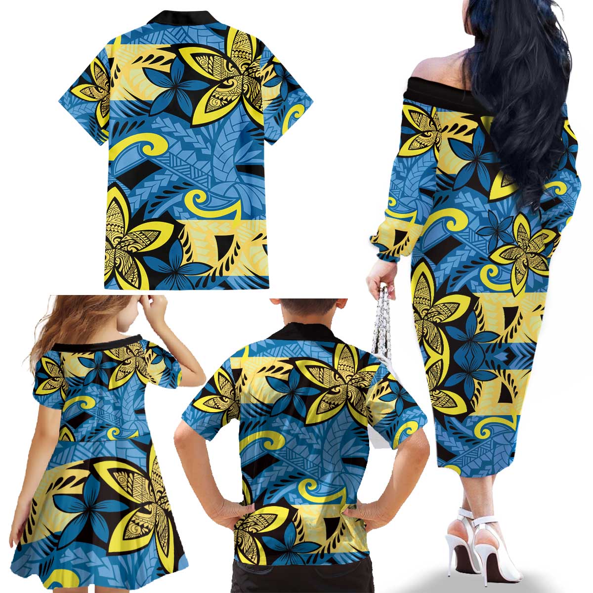 Plumeria Polynesian Pattern Family Matching Off The Shoulder Long Sleeve Dress and Hawaiian Shirt Unique Fantasy Blue Yellow LT01 - Polynesian Pride