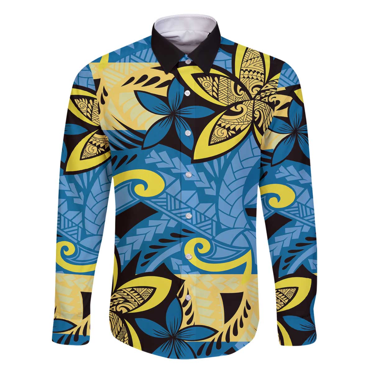 Plumeria Polynesian Pattern Family Matching Off The Shoulder Long Sleeve Dress and Hawaiian Shirt Unique Fantasy Blue Yellow LT01 Dad's Shirt - Long Sleeve Blue - Polynesian Pride