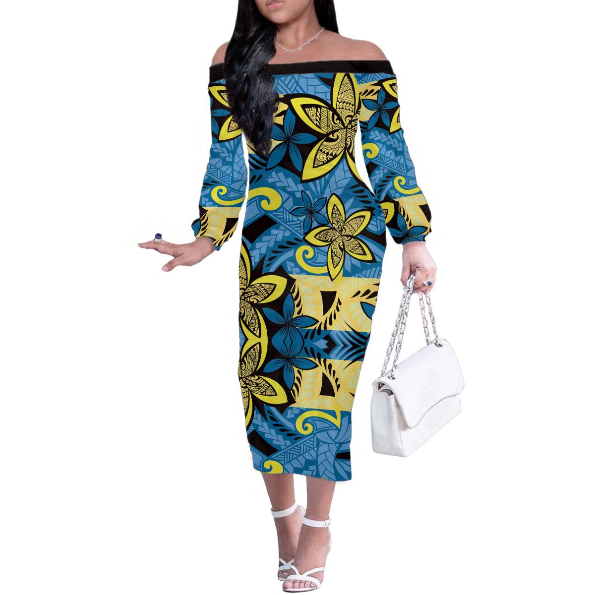 Plumeria Polynesian Pattern Family Matching Off The Shoulder Long Sleeve Dress and Hawaiian Shirt Unique Fantasy Blue Yellow LT01 Mom's Dress Blue - Polynesian Pride