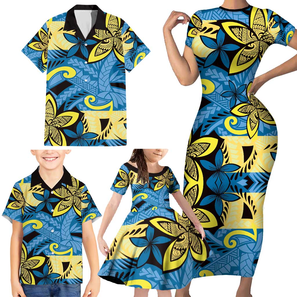 Plumeria Polynesian Pattern Family Matching Short Sleeve Bodycon Dress and Hawaiian Shirt Unique Fantasy Blue Yellow LT01 - Polynesian Pride