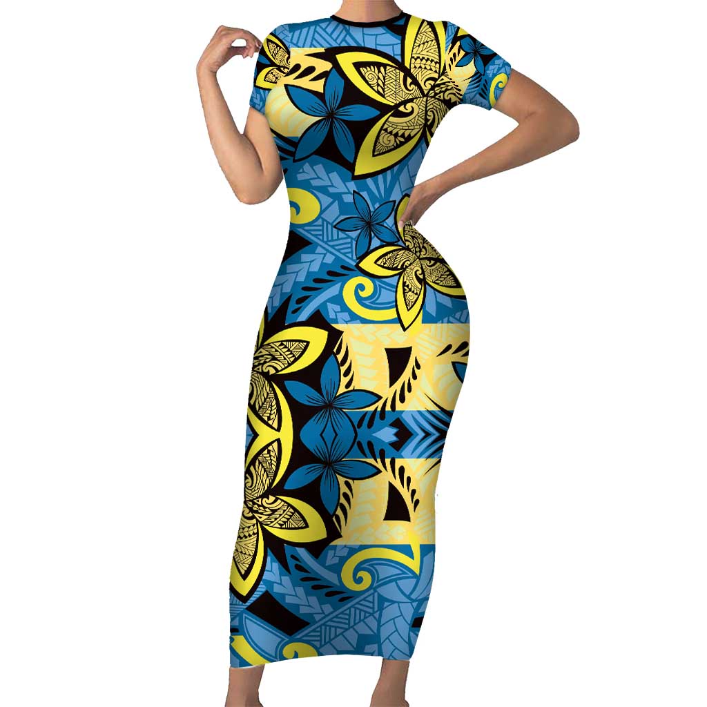 Plumeria Polynesian Pattern Family Matching Short Sleeve Bodycon Dress and Hawaiian Shirt Unique Fantasy Blue Yellow LT01 Mom's Dress Blue - Polynesian Pride