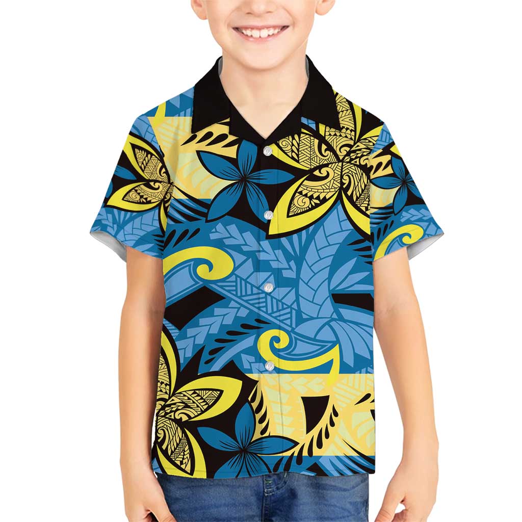 Plumeria Polynesian Pattern Family Matching Tank Maxi Dress and Hawaiian Shirt Unique Fantasy Blue Yellow