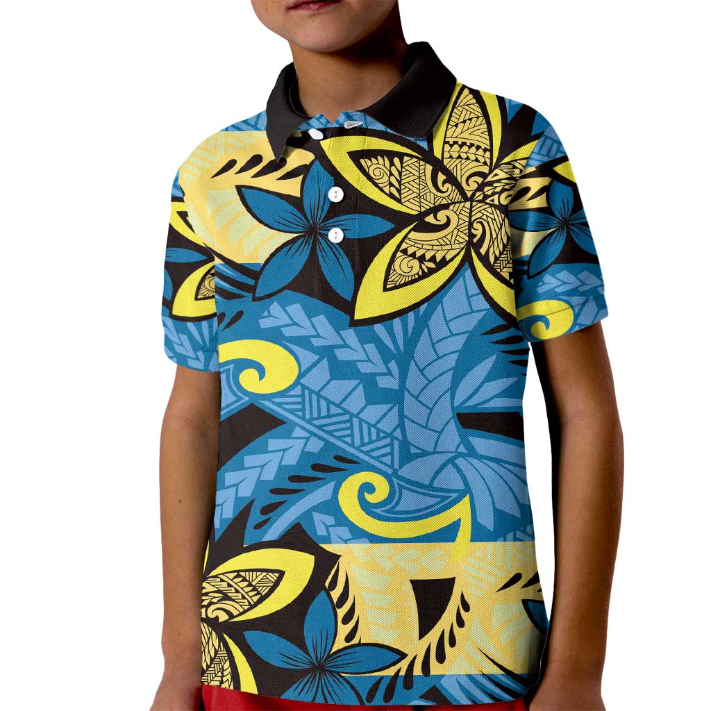 Plumeria Polynesian Pattern Kid Polo Shirt Unique Fantasy Blue Yellow