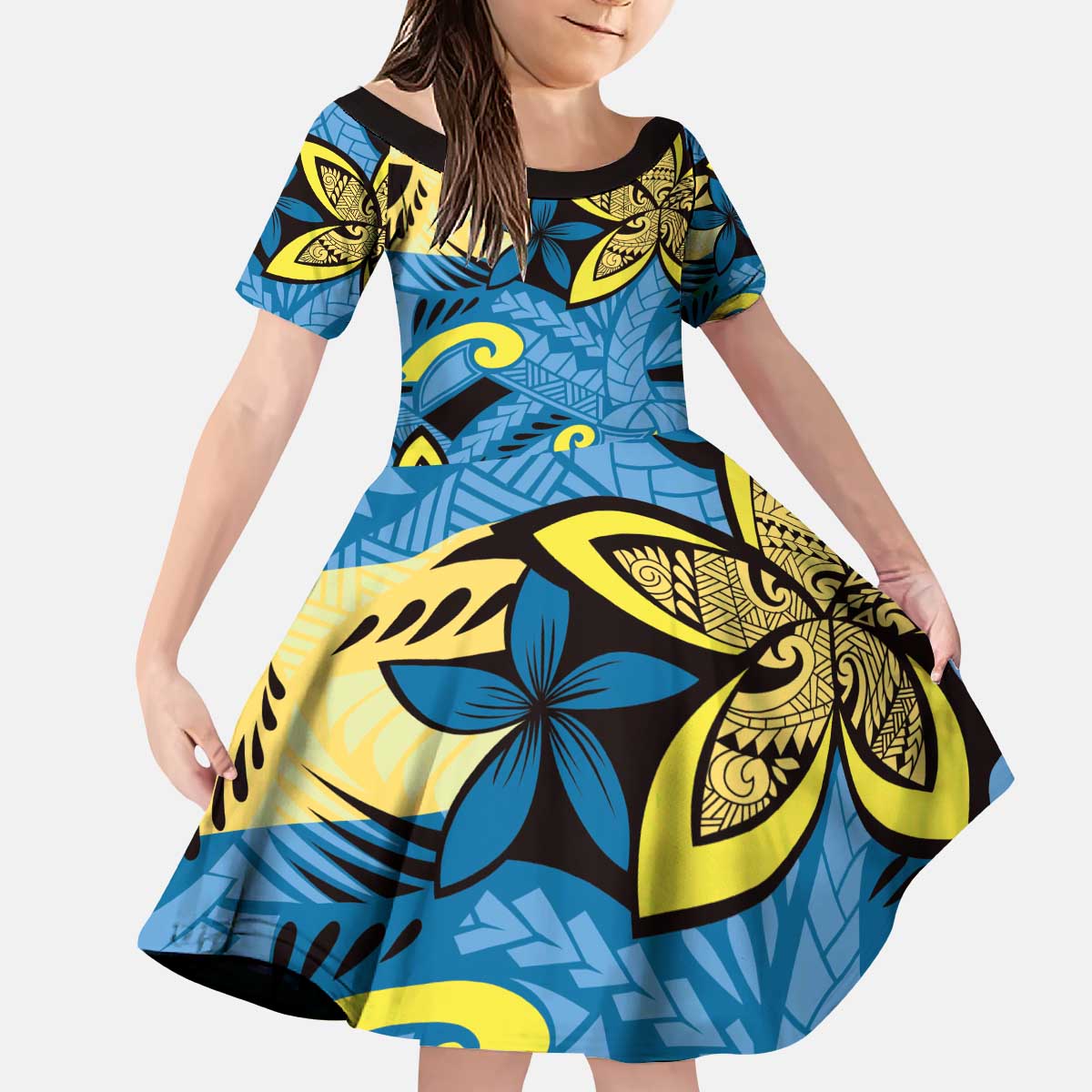 Plumeria Polynesian Pattern Kid Short Sleeve Dress Unique Fantasy Blue Yellow