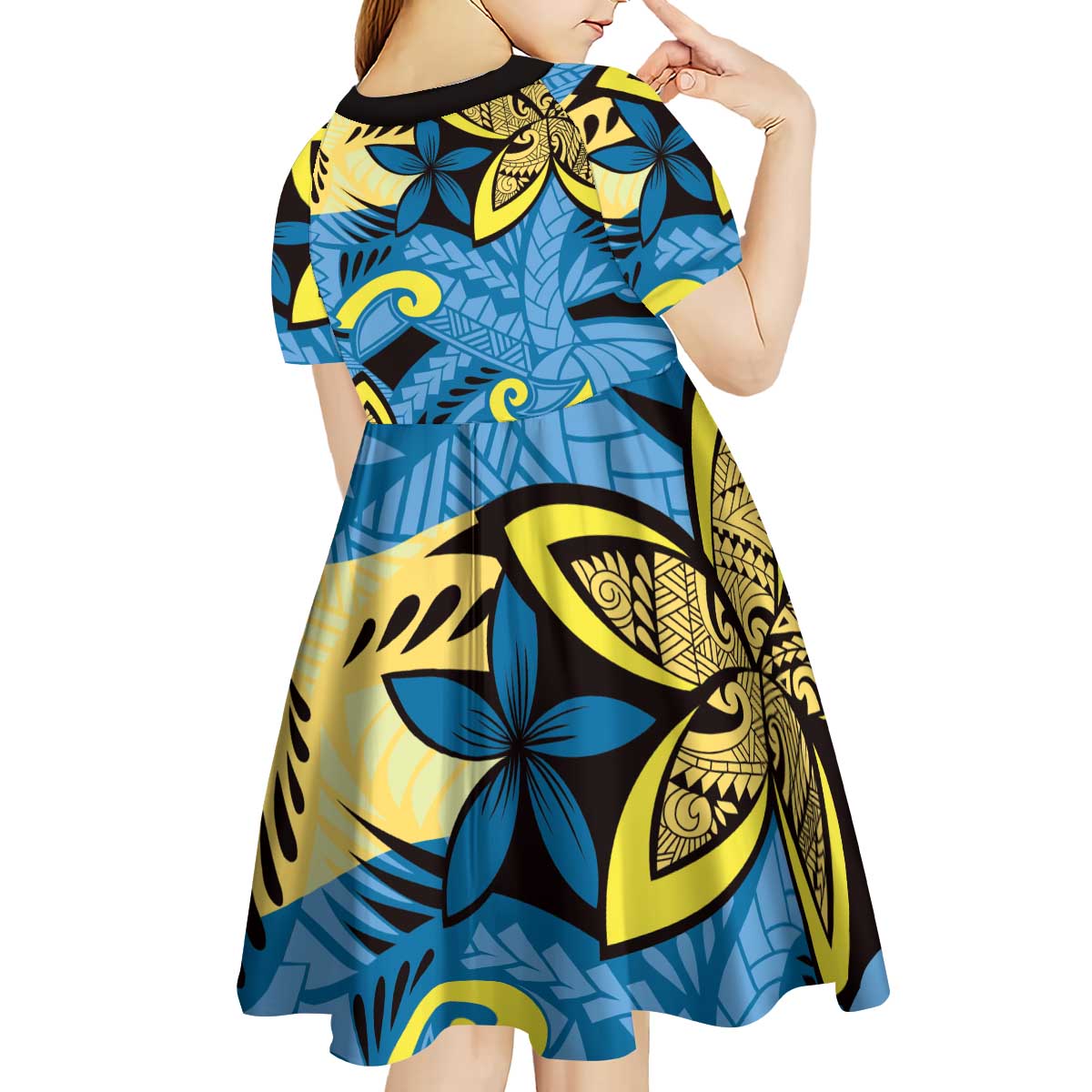 Plumeria Polynesian Pattern Kid Short Sleeve Dress Unique Fantasy Blue Yellow