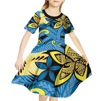 Plumeria Polynesian Pattern Kid Short Sleeve Dress Unique Fantasy Blue Yellow