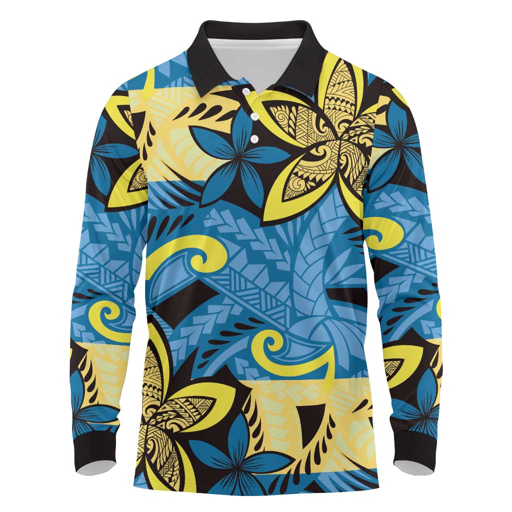 Plumeria Polynesian Pattern Long Sleeve Polo Shirt Unique Fantasy Blue Yellow