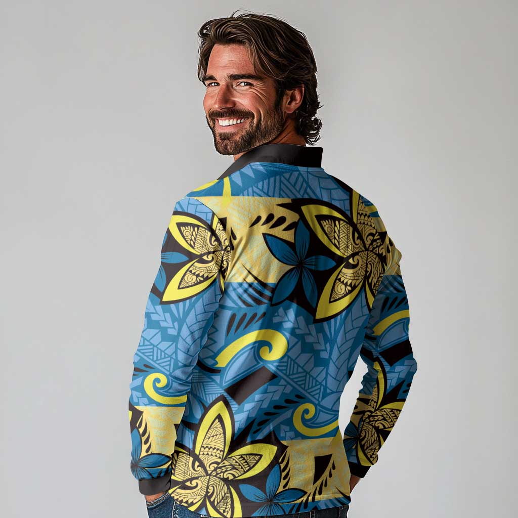 Plumeria Polynesian Pattern Long Sleeve Polo Shirt Unique Fantasy Blue Yellow