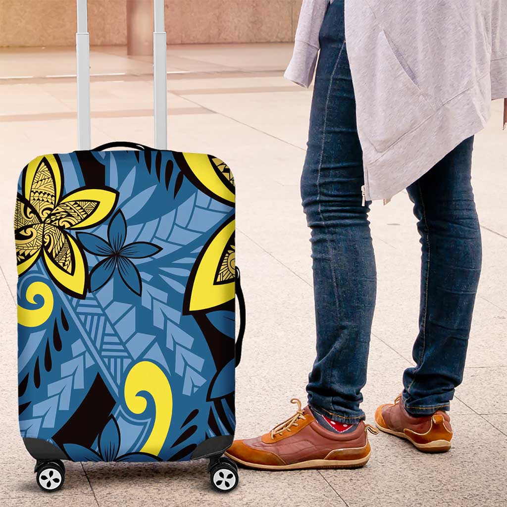 Plumeria Polynesian Pattern Luggage Cover Unique Fantasy Blue Yellow