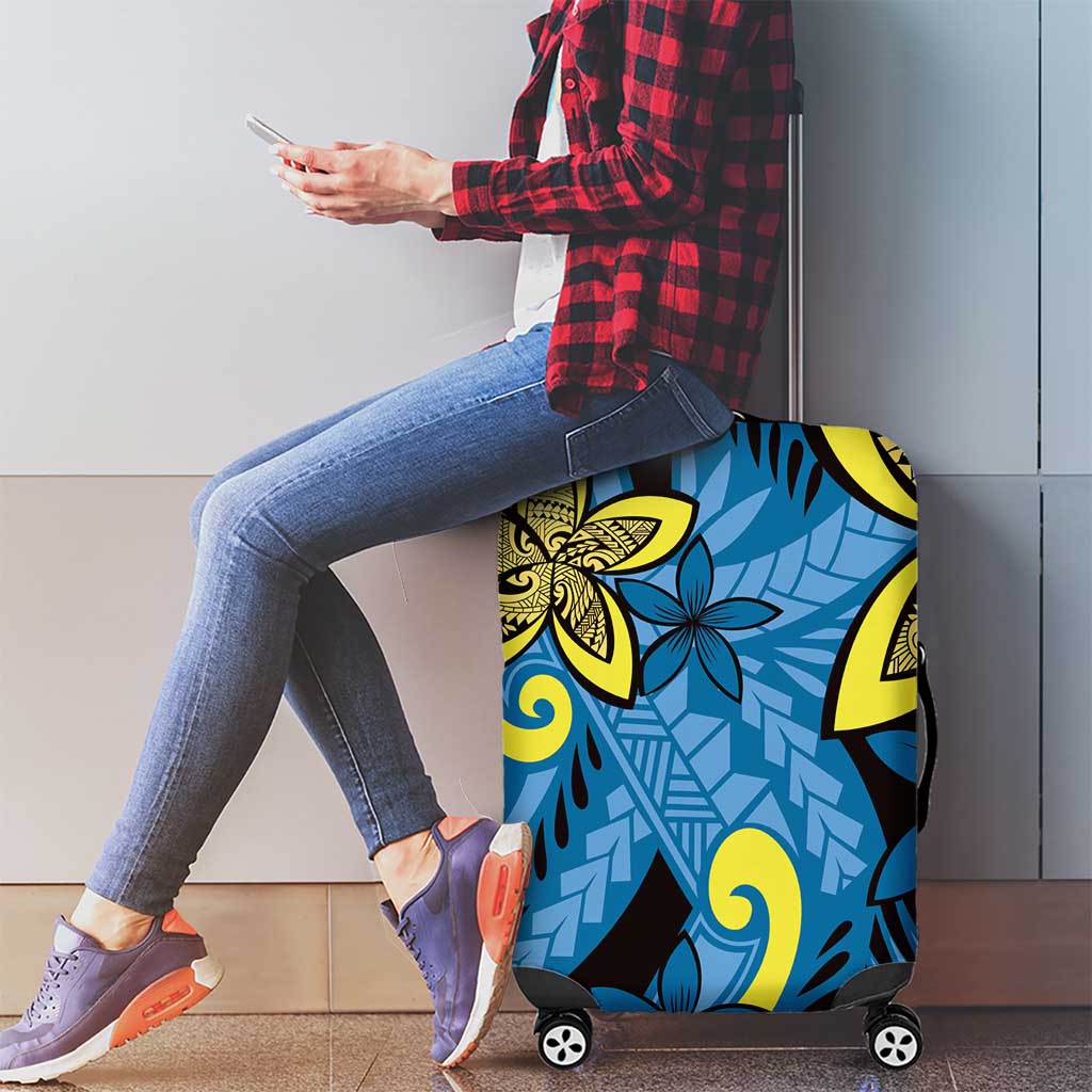 Plumeria Polynesian Pattern Luggage Cover Unique Fantasy Blue Yellow