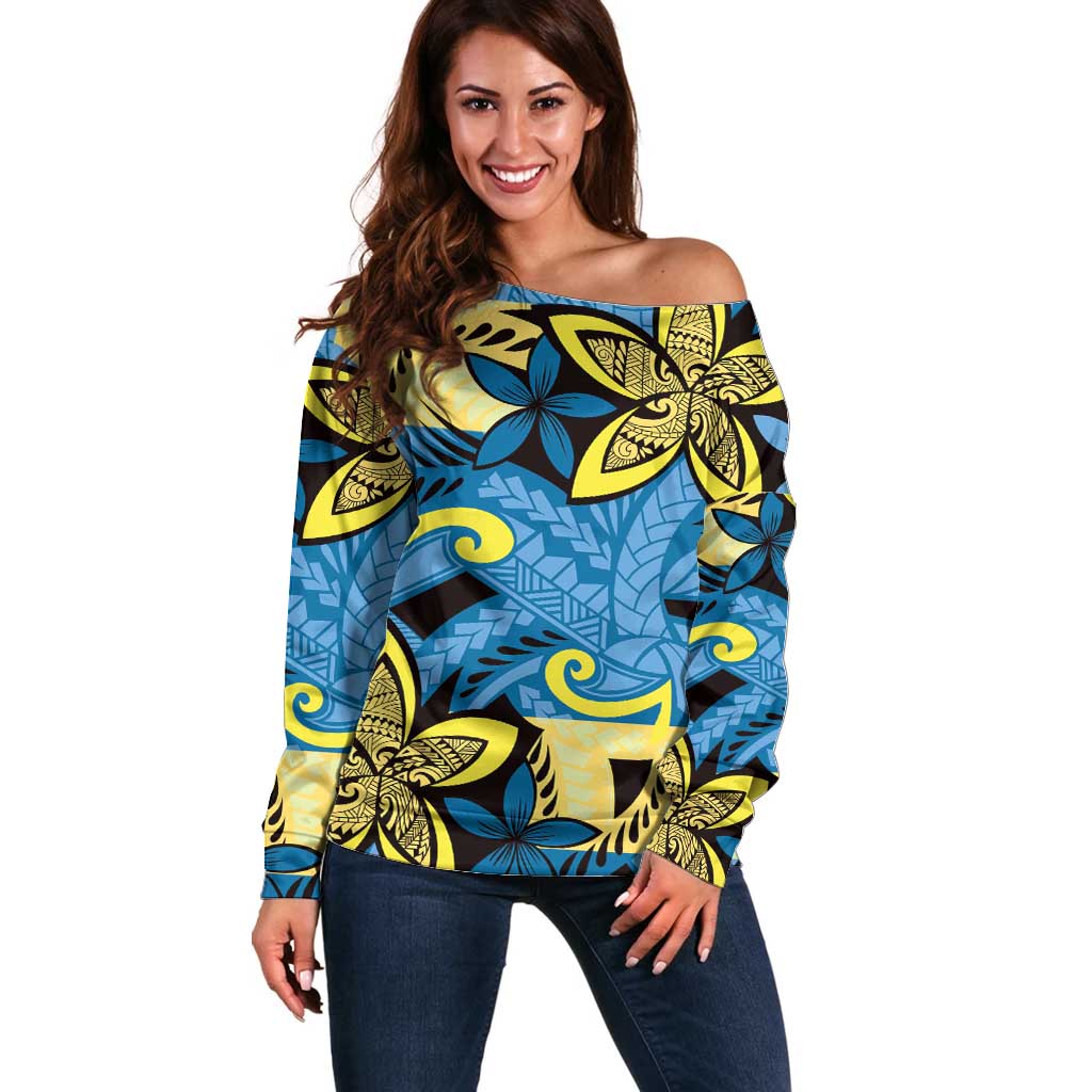 Plumeria Polynesian Pattern Off Shoulder Sweater Unique Fantasy Blue Yellow LT01 Women Blue - Polynesian Pride