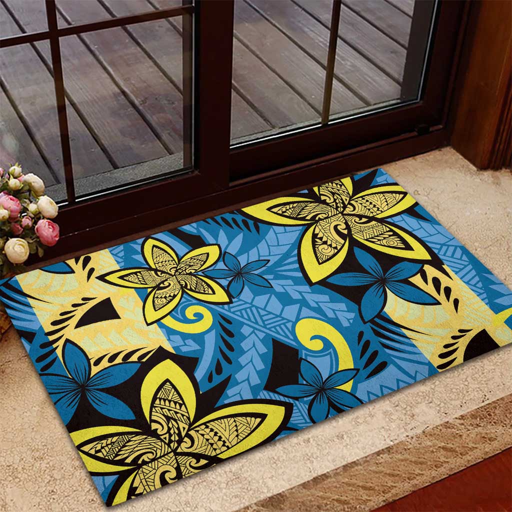 Plumeria Polynesian Pattern Rubber Doormat Unique Fantasy Blue Yellow