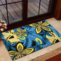 Plumeria Polynesian Pattern Rubber Doormat Unique Fantasy Blue Yellow