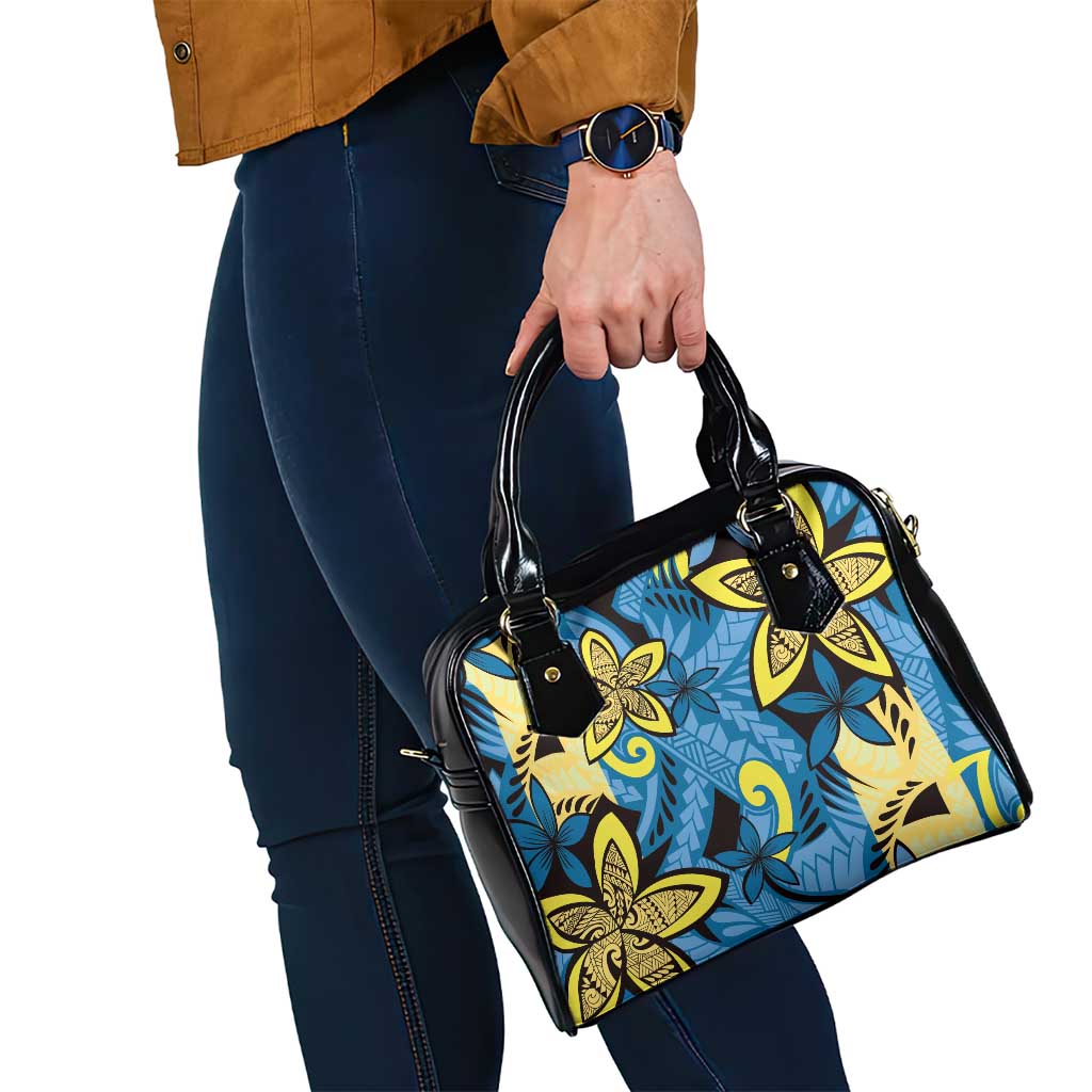 Plumeria Polynesian Pattern Shoulder Handbag Unique Fantasy Blue Yellow