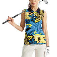 Plumeria Polynesian Pattern Women Sleeveless Polo Shirt Unique Fantasy Blue Yellow