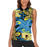Plumeria Polynesian Pattern Women Sleeveless Polo Shirt Unique Fantasy Blue Yellow