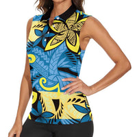 Plumeria Polynesian Pattern Women Sleeveless Polo Shirt Unique Fantasy Blue Yellow