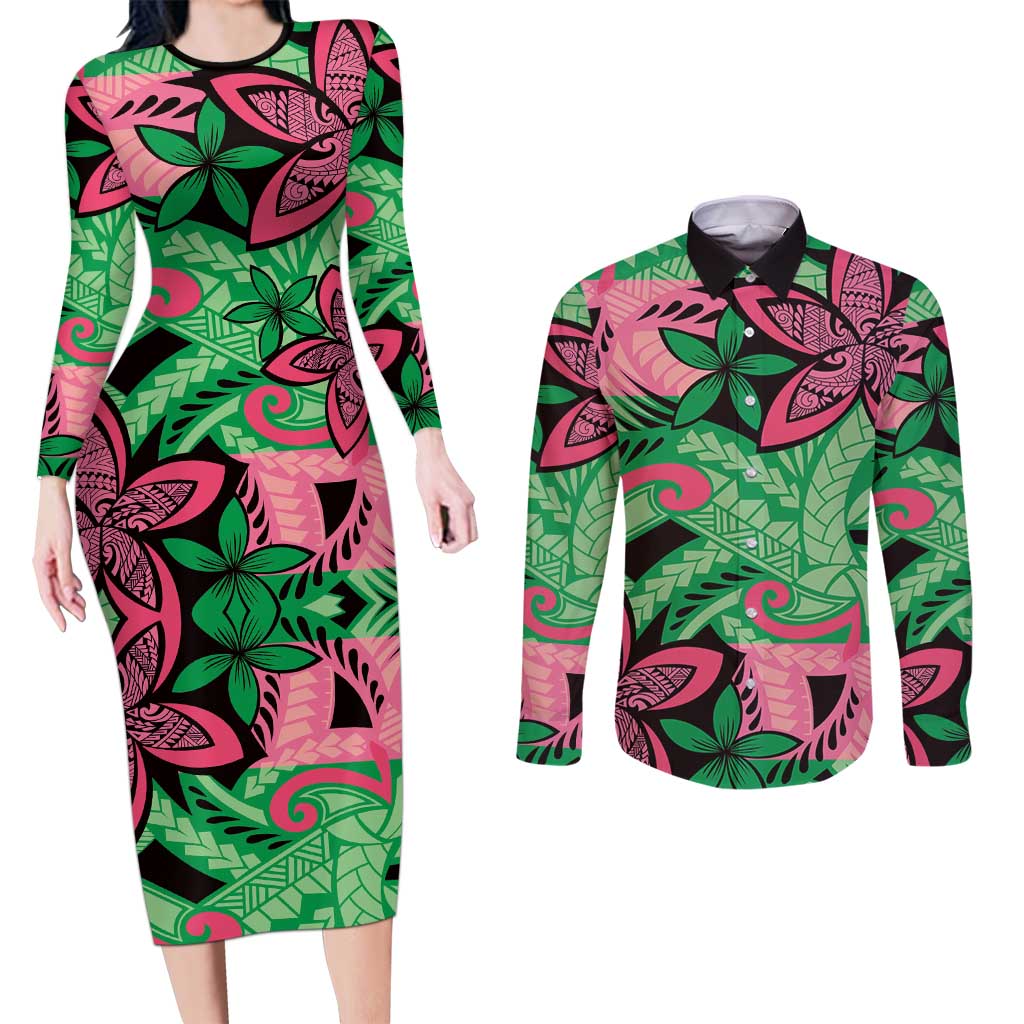 Plumeria Polynesian Pattern Couples Matching Long Sleeve Bodycon Dress and Long Sleeve Button Shirt Unique Fantasy Green Pink