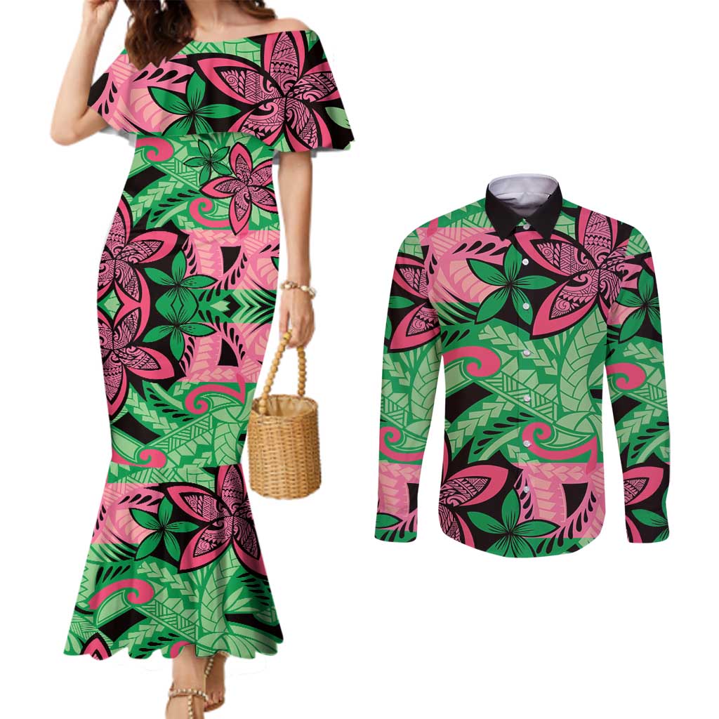 Plumeria Polynesian Pattern Couples Matching Mermaid Dress and Long Sleeve Button Shirt Unique Fantasy Green Pink