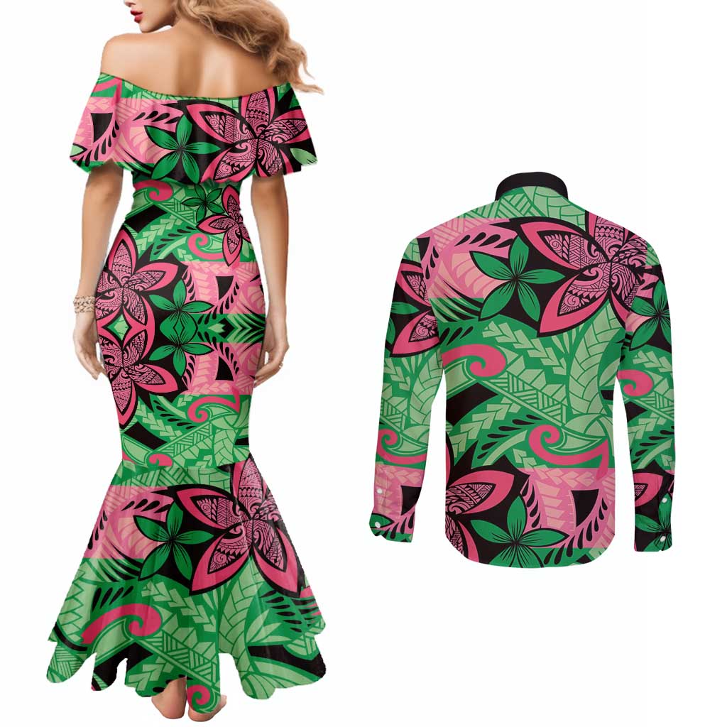 Plumeria Polynesian Pattern Couples Matching Mermaid Dress and Long Sleeve Button Shirt Unique Fantasy Green Pink