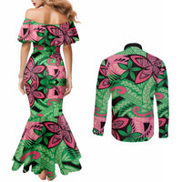 Plumeria Polynesian Pattern Couples Matching Mermaid Dress and Long Sleeve Button Shirt Unique Fantasy Green Pink