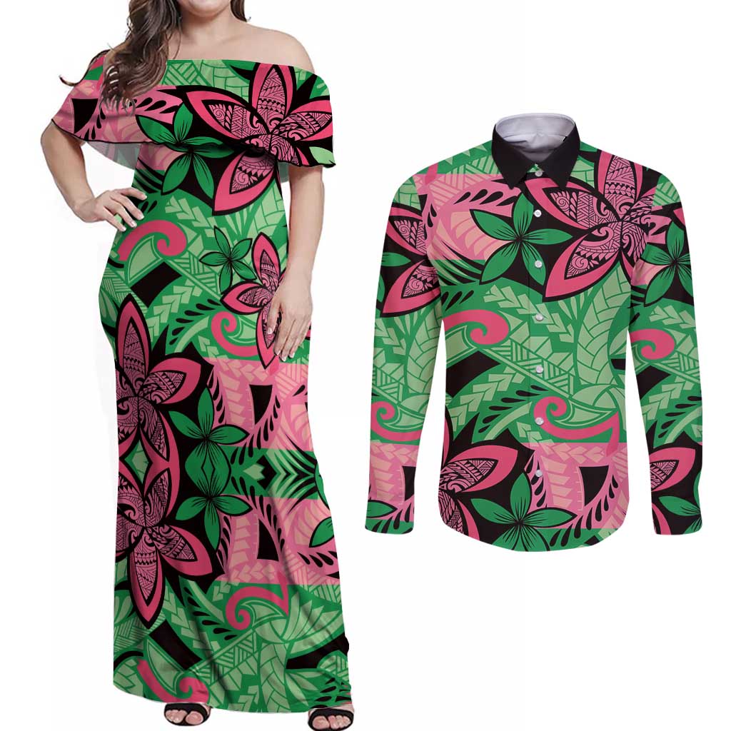 Plumeria Polynesian Pattern Couples Matching Off Shoulder Maxi Dress and Long Sleeve Button Shirt Unique Fantasy Green Pink
