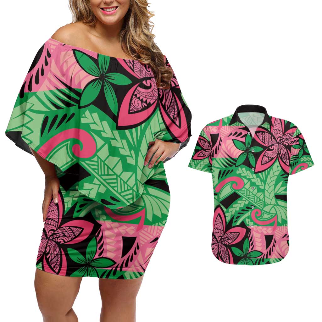 Plumeria Polynesian Pattern Couples Matching Off Shoulder Short Dress and Hawaiian Shirt Unique Fantasy Green Pink LT01 Green - Polynesian Pride
