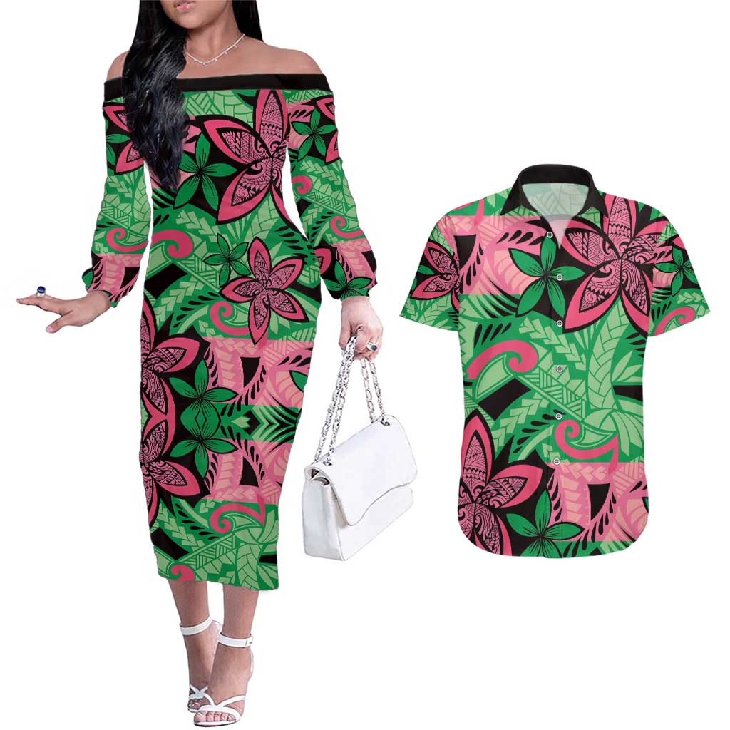 Plumeria Polynesian Pattern Couples Matching Off The Shoulder Long Sleeve Dress and Hawaiian Shirt Unique Fantasy Green Pink LT01 Green - Polynesian Pride