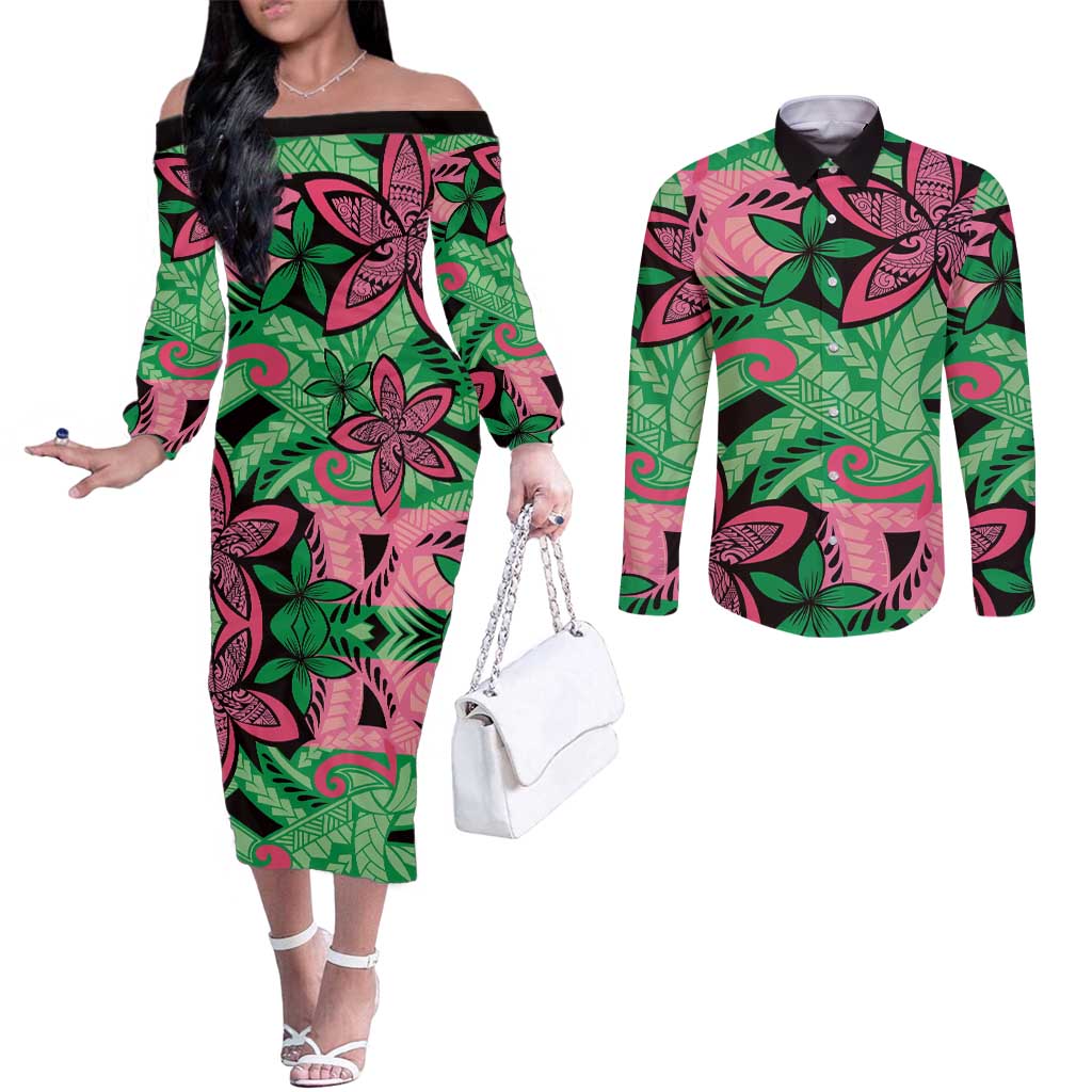 Plumeria Polynesian Pattern Couples Matching Off The Shoulder Long Sleeve Dress and Long Sleeve Button Shirt Unique Fantasy Green Pink