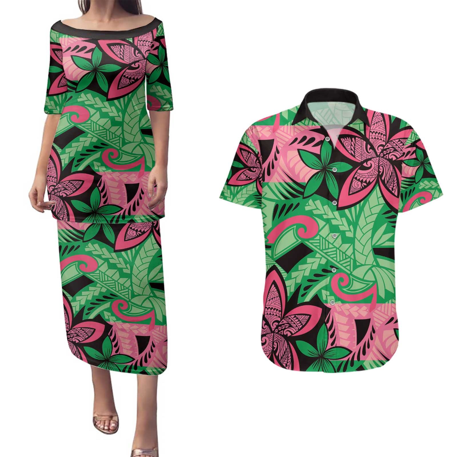 Plumeria Polynesian Pattern Couples Matching Puletasi and Hawaiian Shirt Unique Fantasy Green Pink LT01 Green - Polynesian Pride