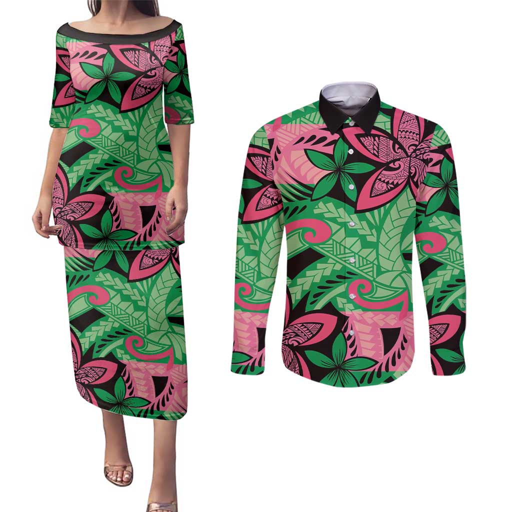 Plumeria Polynesian Pattern Couples Matching Puletasi and Long Sleeve Button Shirt Unique Fantasy Green Pink