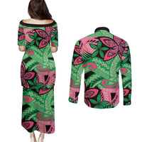 Plumeria Polynesian Pattern Couples Matching Puletasi and Long Sleeve Button Shirt Unique Fantasy Green Pink