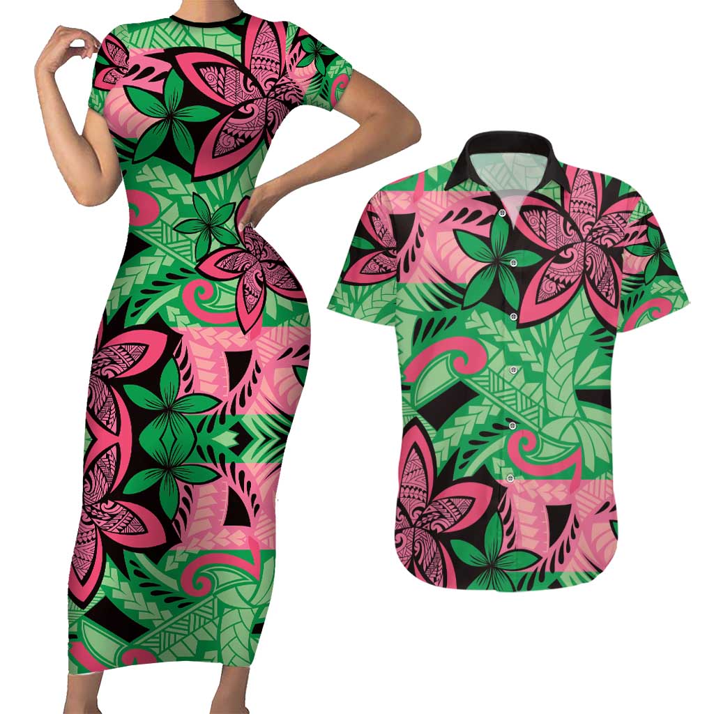 Plumeria Polynesian Pattern Couples Matching Short Sleeve Bodycon Dress and Hawaiian Shirt Unique Fantasy Green Pink LT01 Green - Polynesian Pride